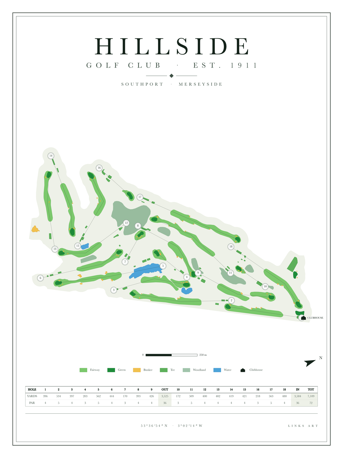 Hillside golf course map poster, Chalk, portrait