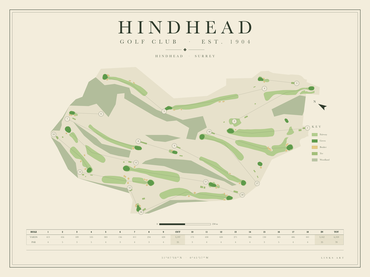 Hindhead golf course map poster, landscape