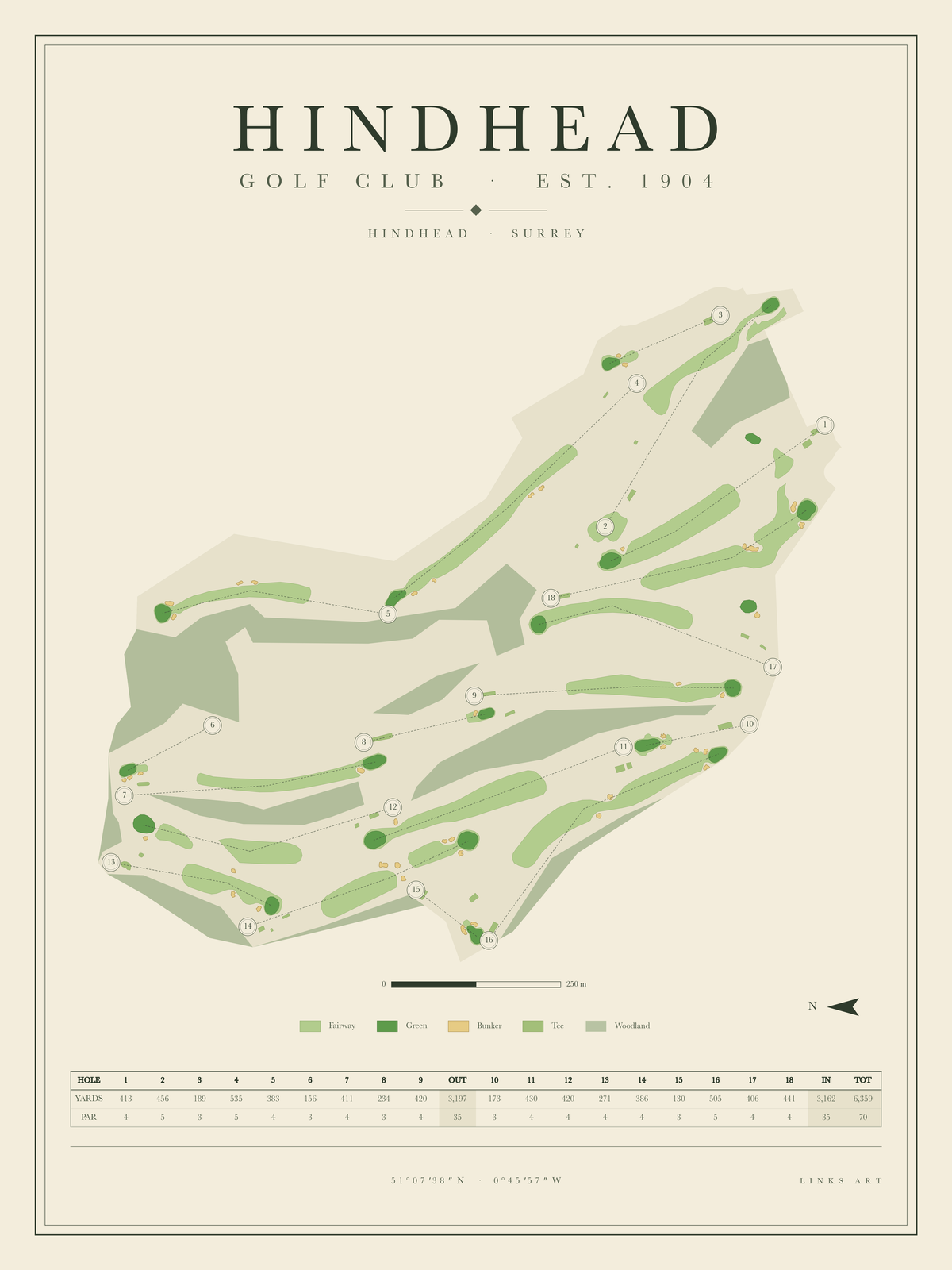 Hindhead golf course map poster, portrait