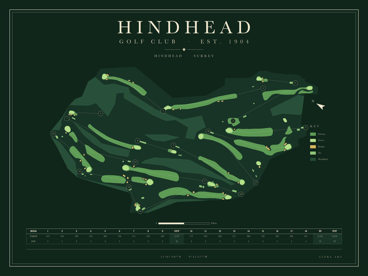 Hindhead golf course map poster, Fescue, landscape