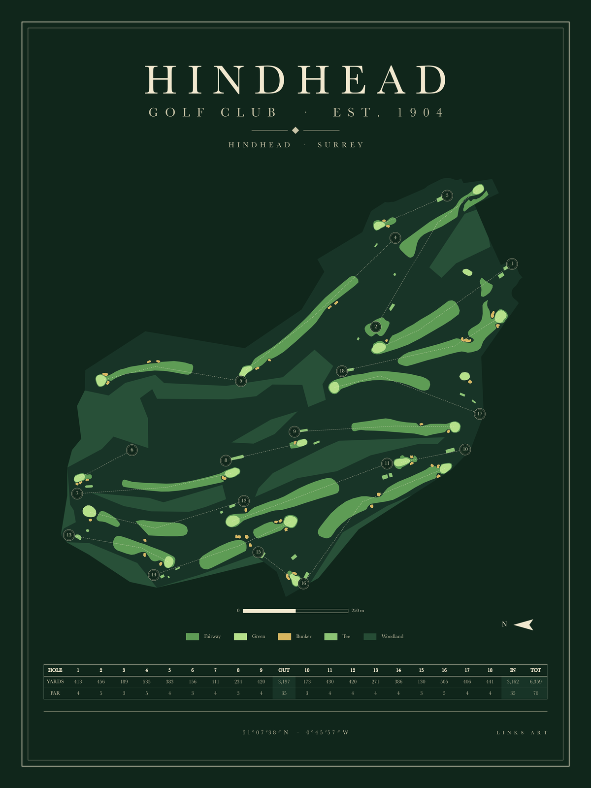Hindhead golf course map poster, Fescue, portrait