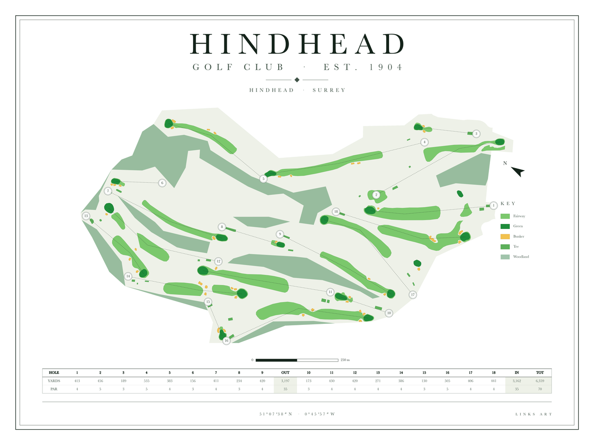 Hindhead golf course map poster, Chalk, landscape