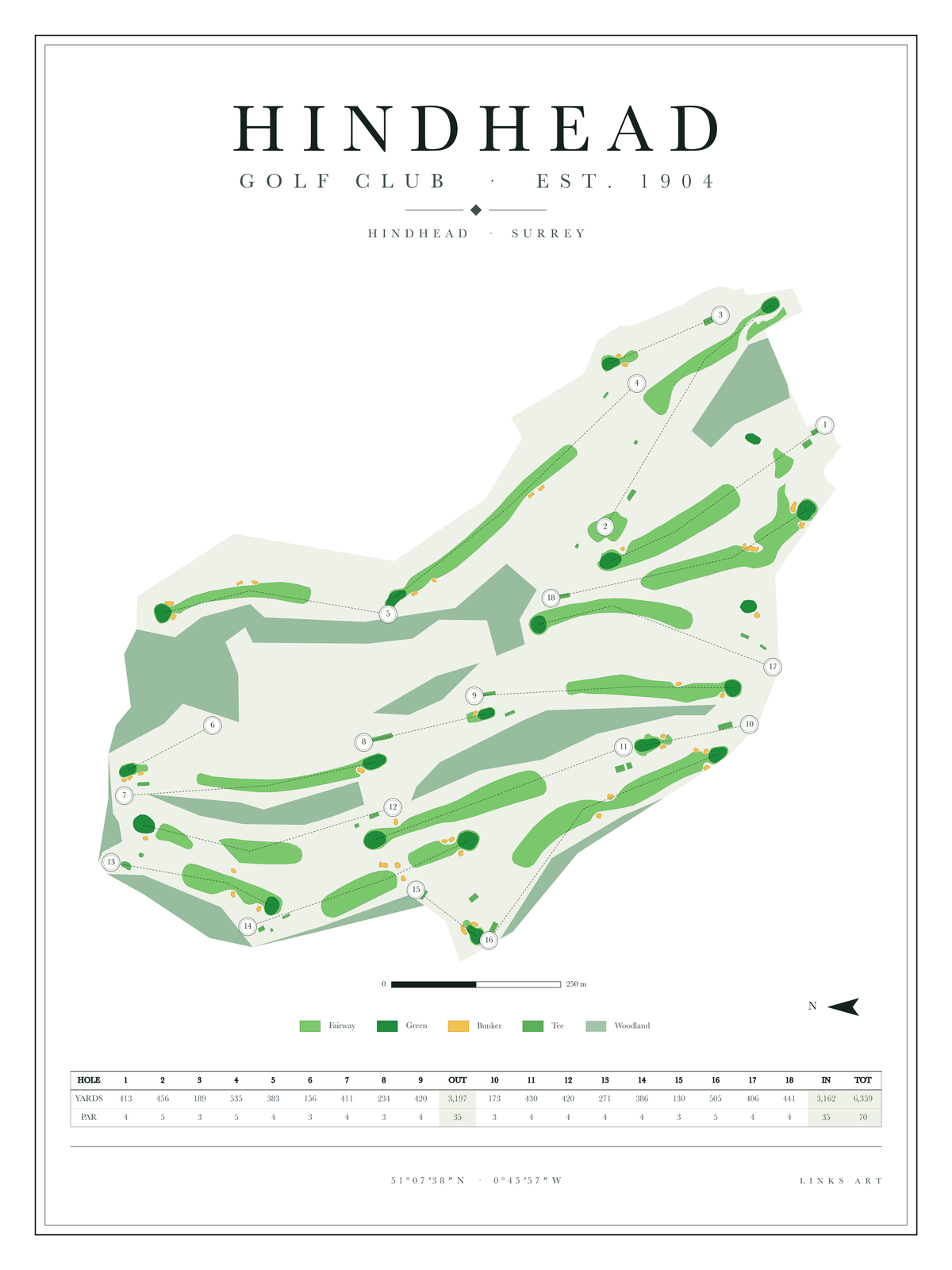 Hindhead golf course map poster, Chalk, portrait