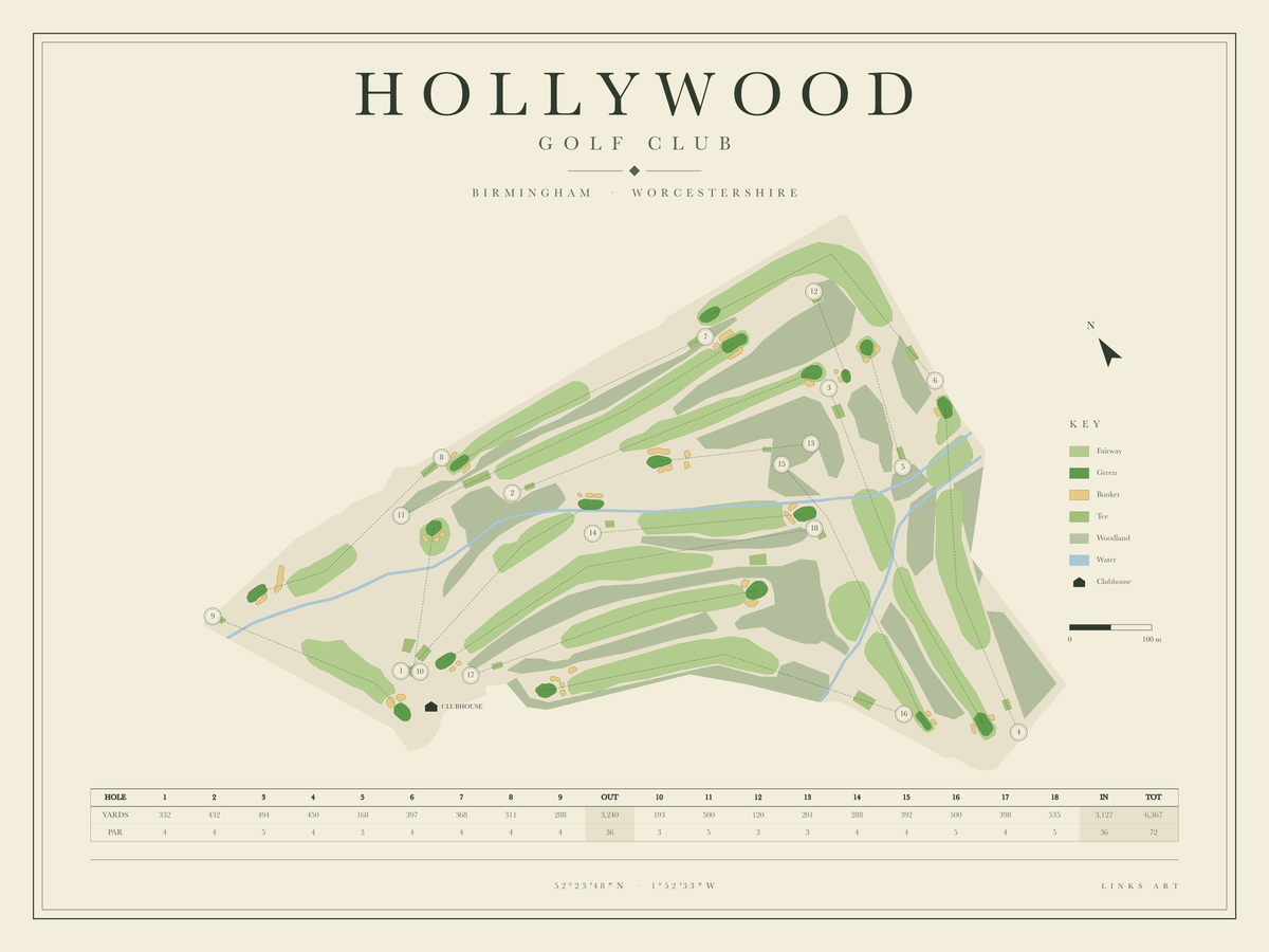 Hollywood golf course map poster, landscape