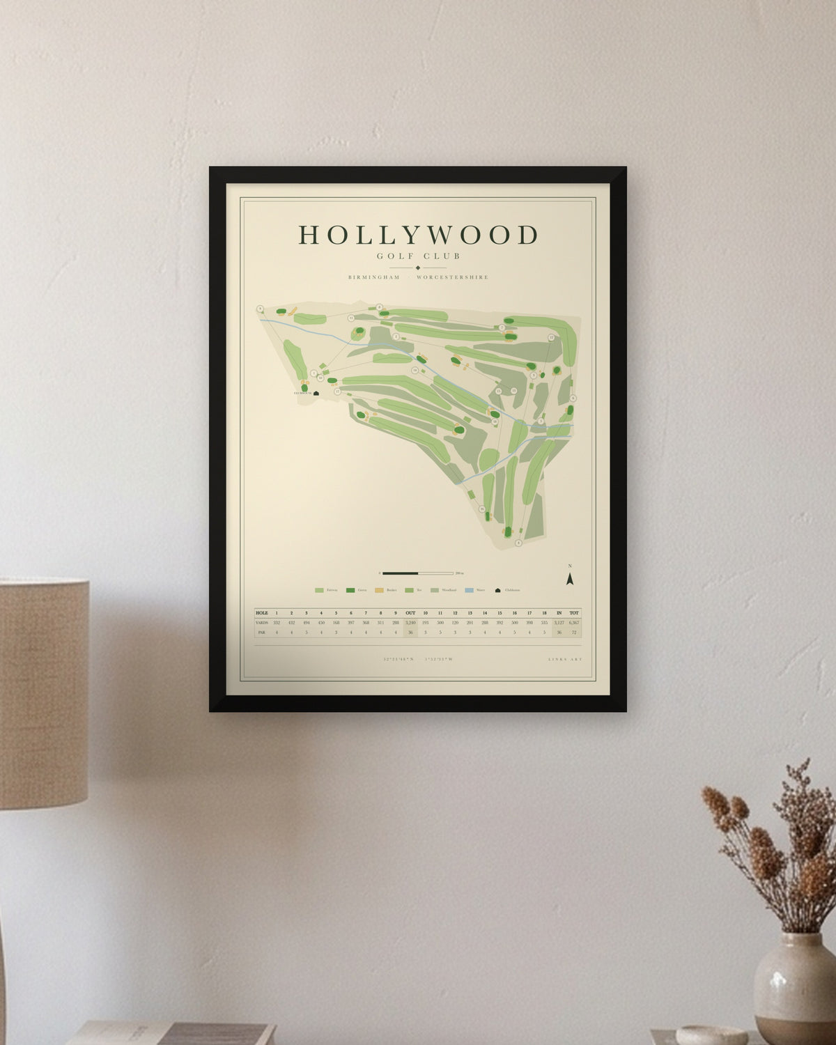 Hollywood golf course map print in a black frame, hung on a wall