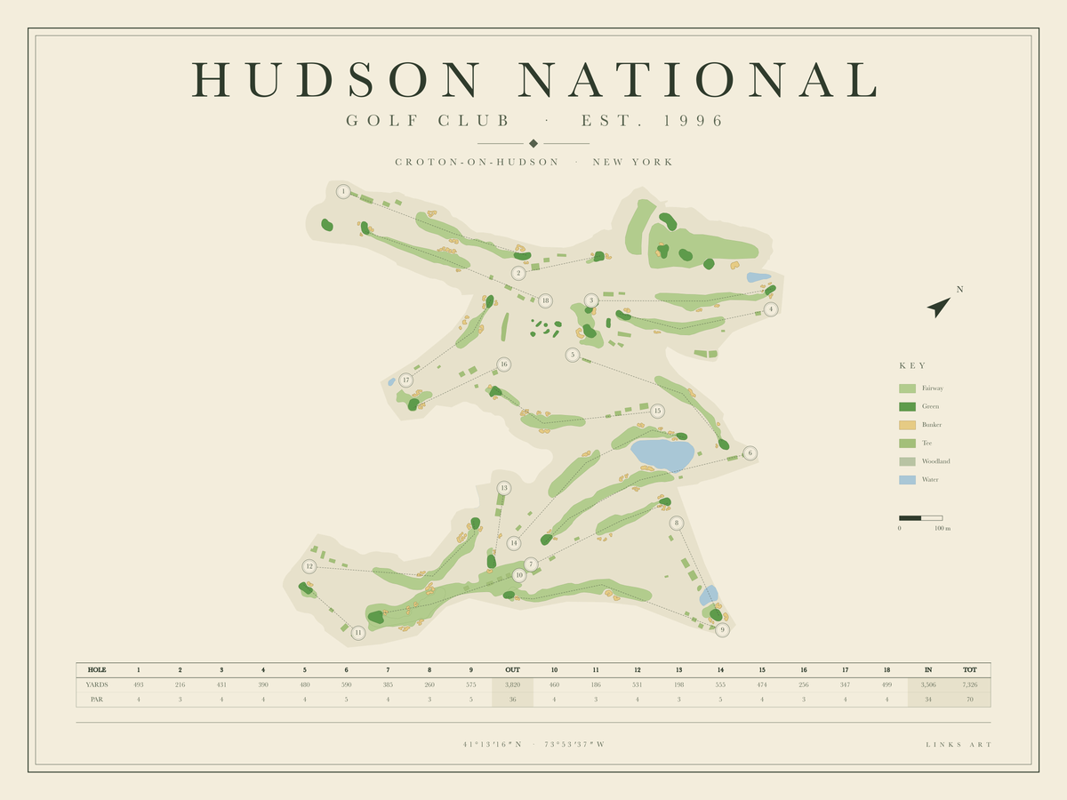 Hudson National golf course map poster, landscape