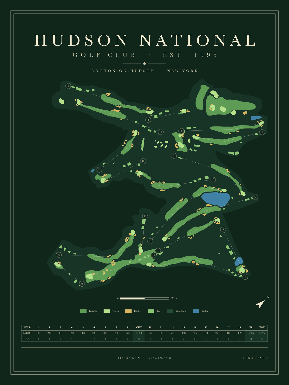 Hudson National golf course map poster, Fescue, portrait