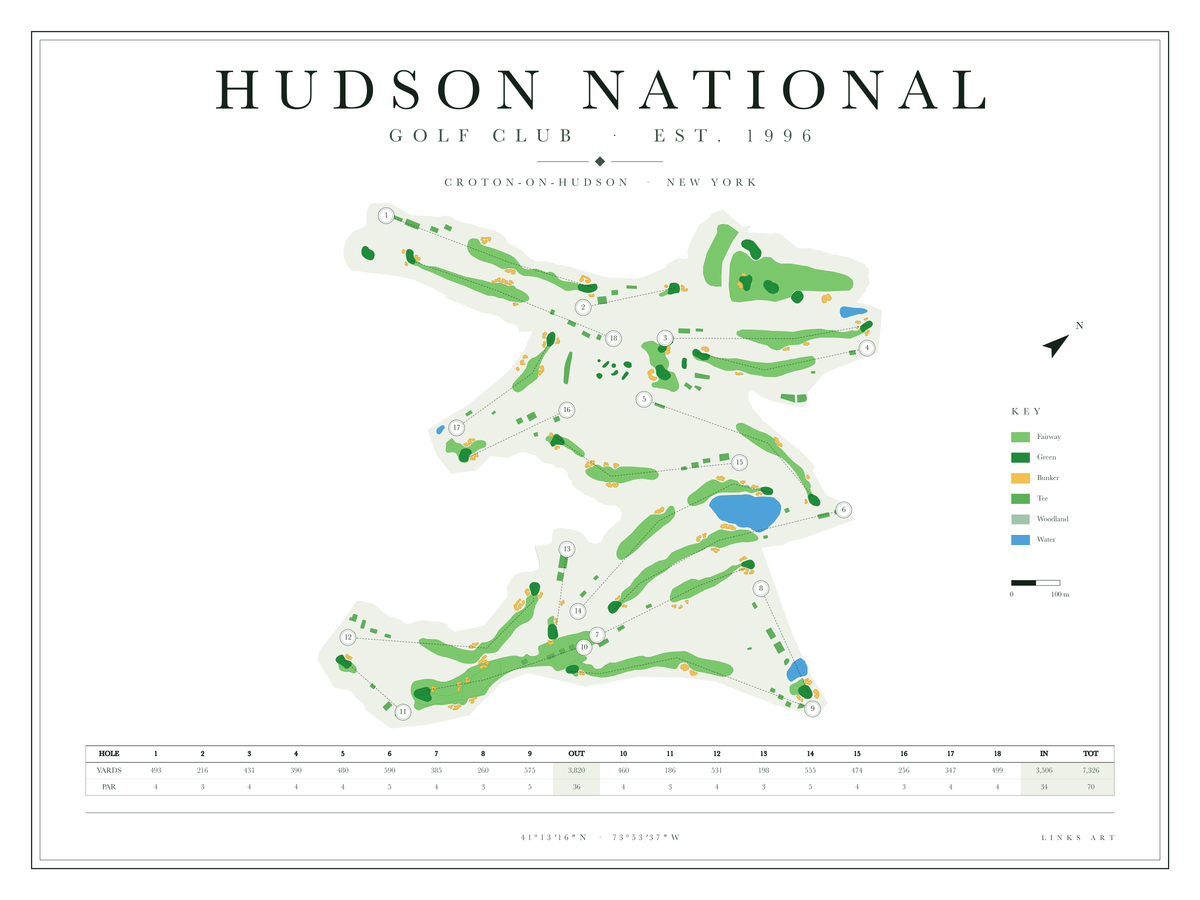 Hudson National golf course map poster, Chalk, landscape