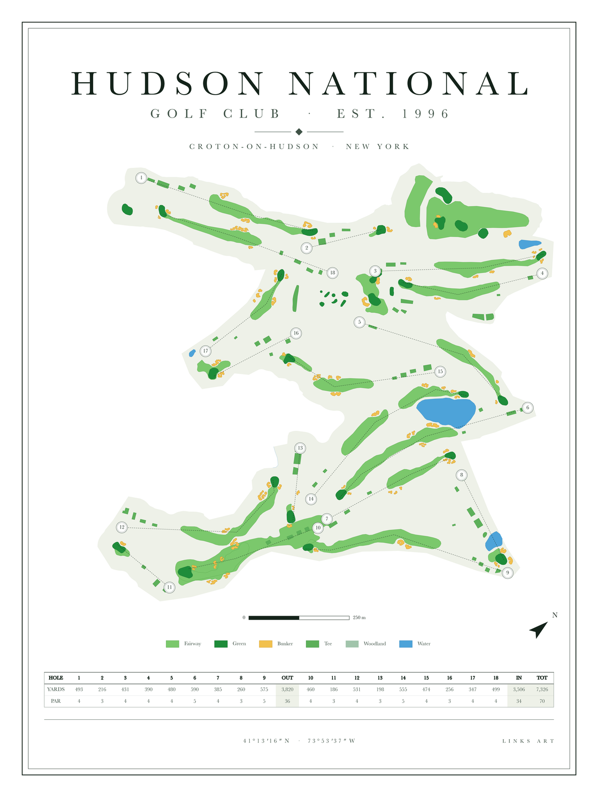 Hudson National golf course map poster, Chalk, portrait