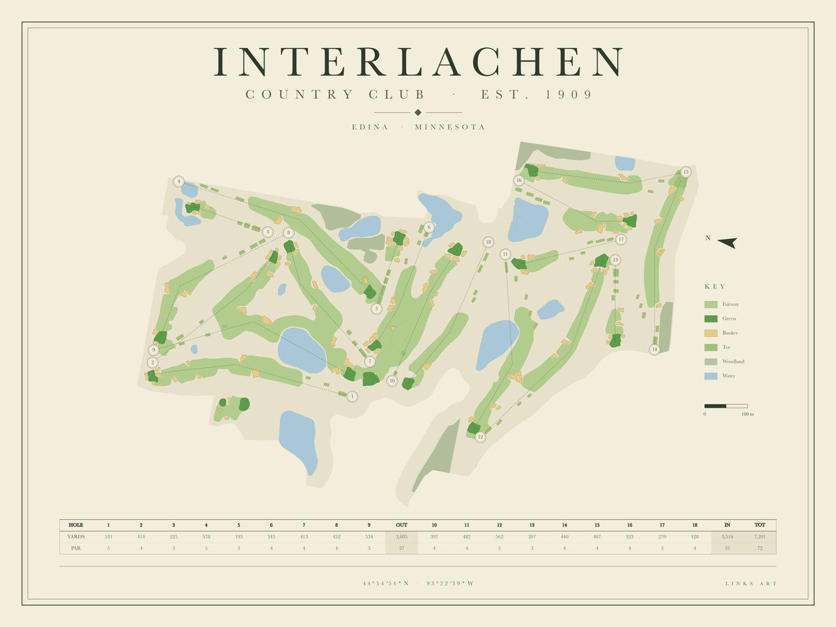 Interlachen golf course map poster, landscape
