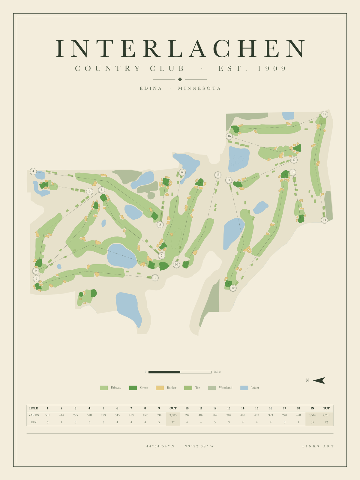 Interlachen golf course map poster, portrait