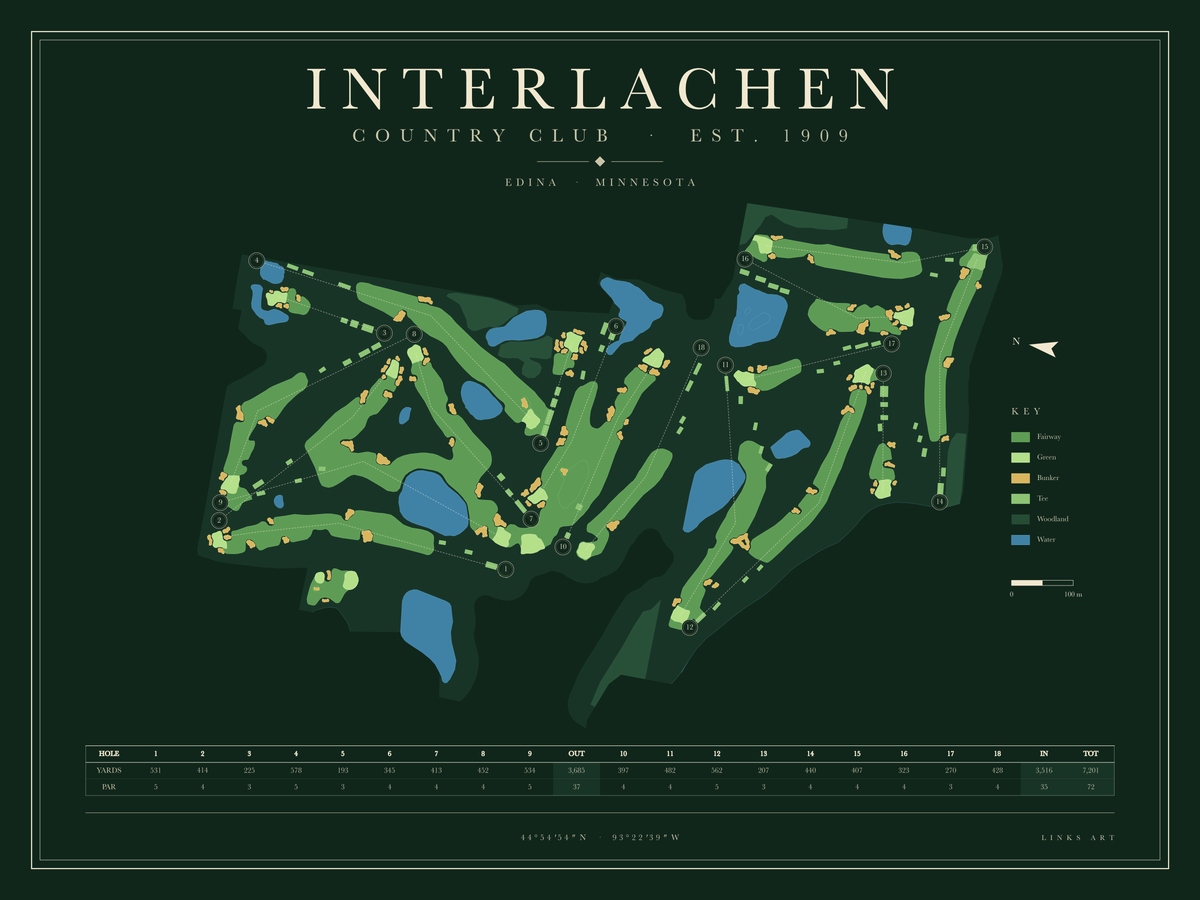 Interlachen golf course map poster, Fescue, landscape