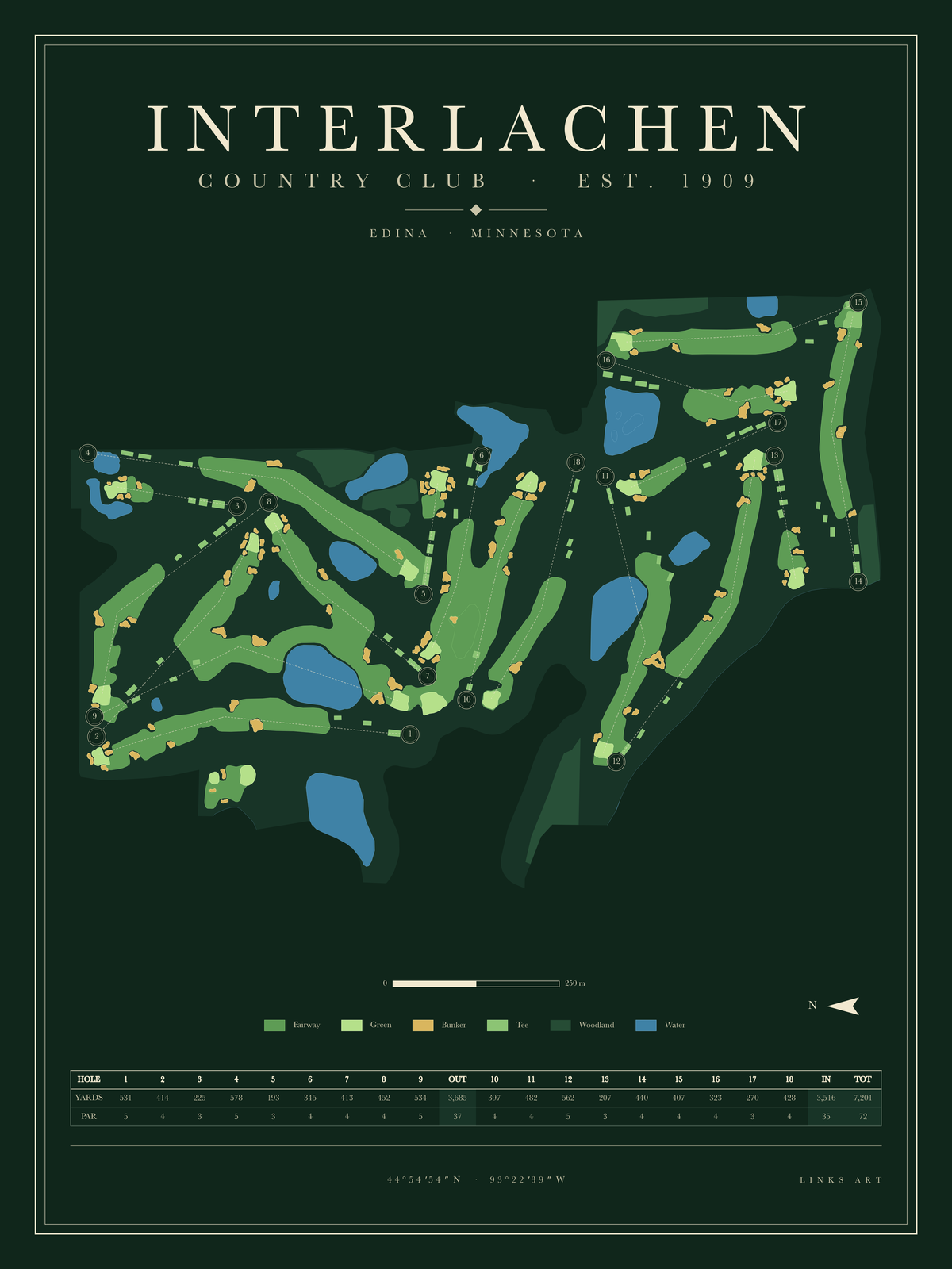 Interlachen golf course map poster, Fescue, portrait