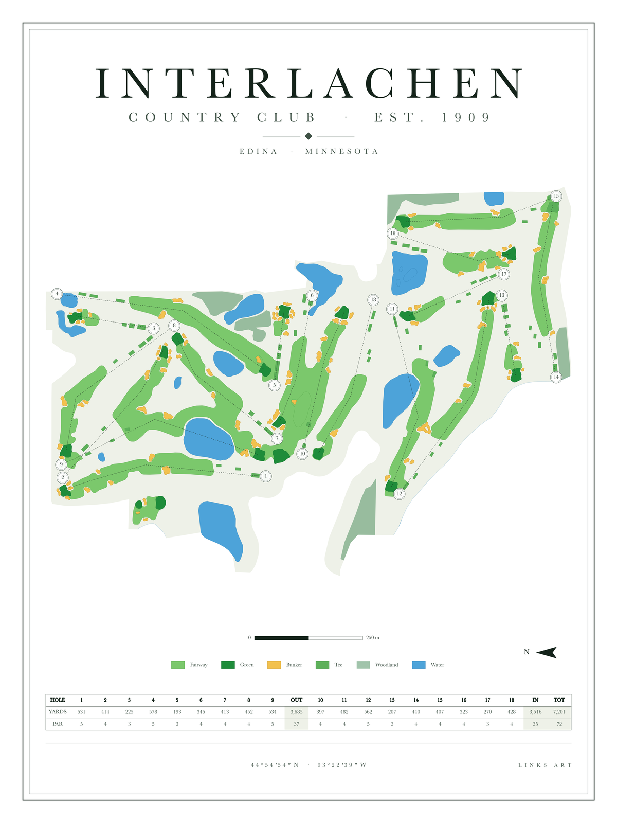 Interlachen golf course map poster, Chalk, portrait