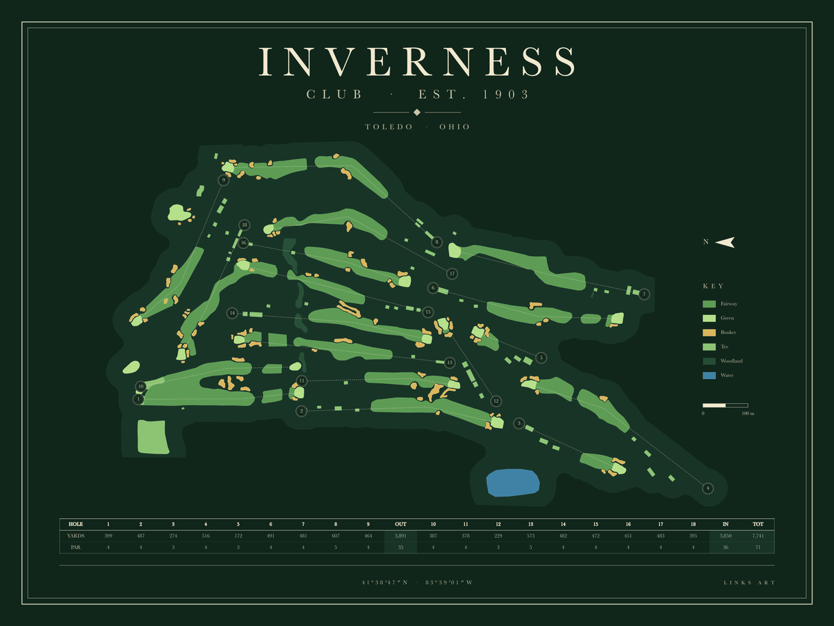 Inverness golf course map poster, Fescue, landscape