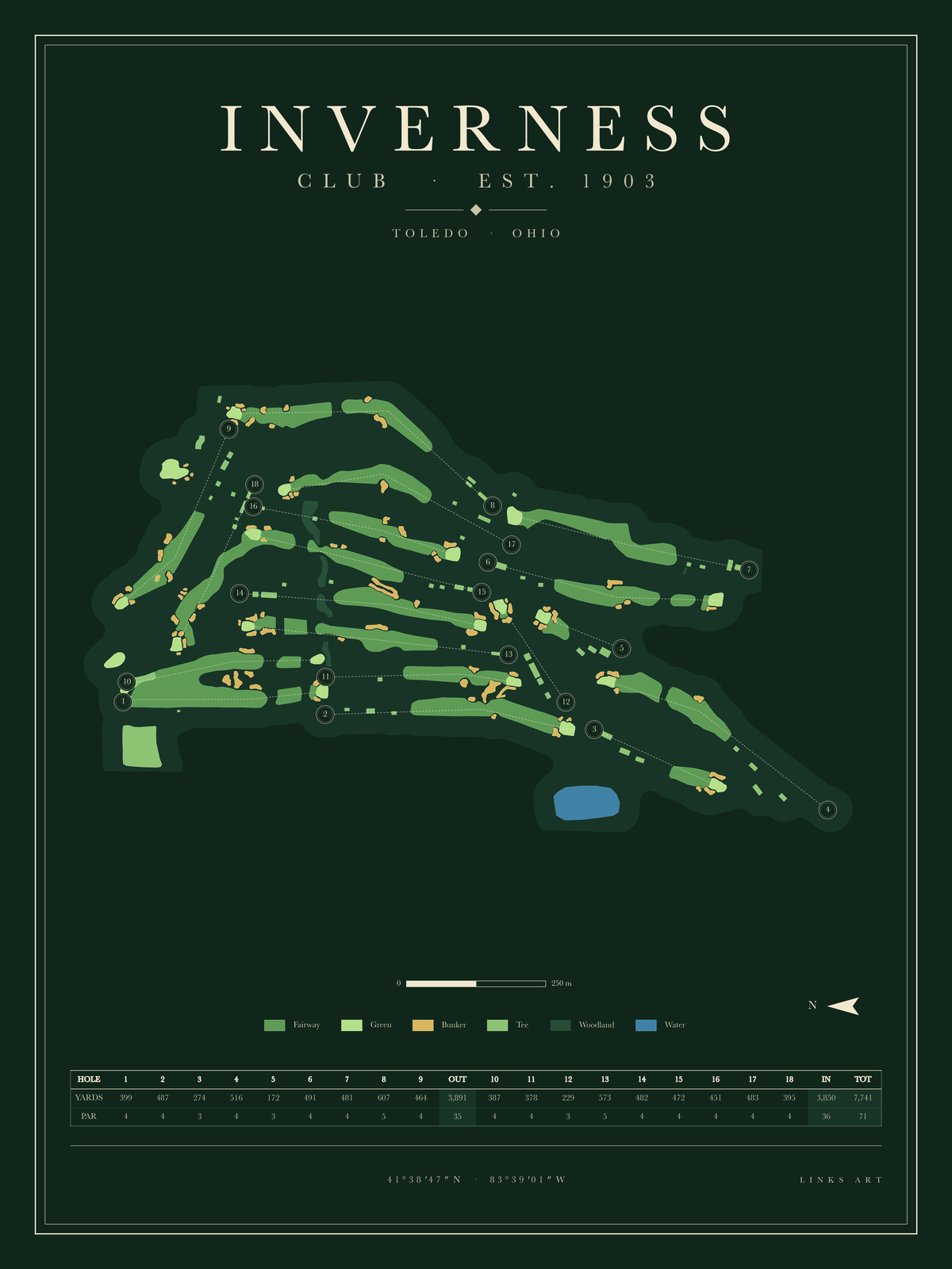 Inverness golf course map poster, Fescue, portrait