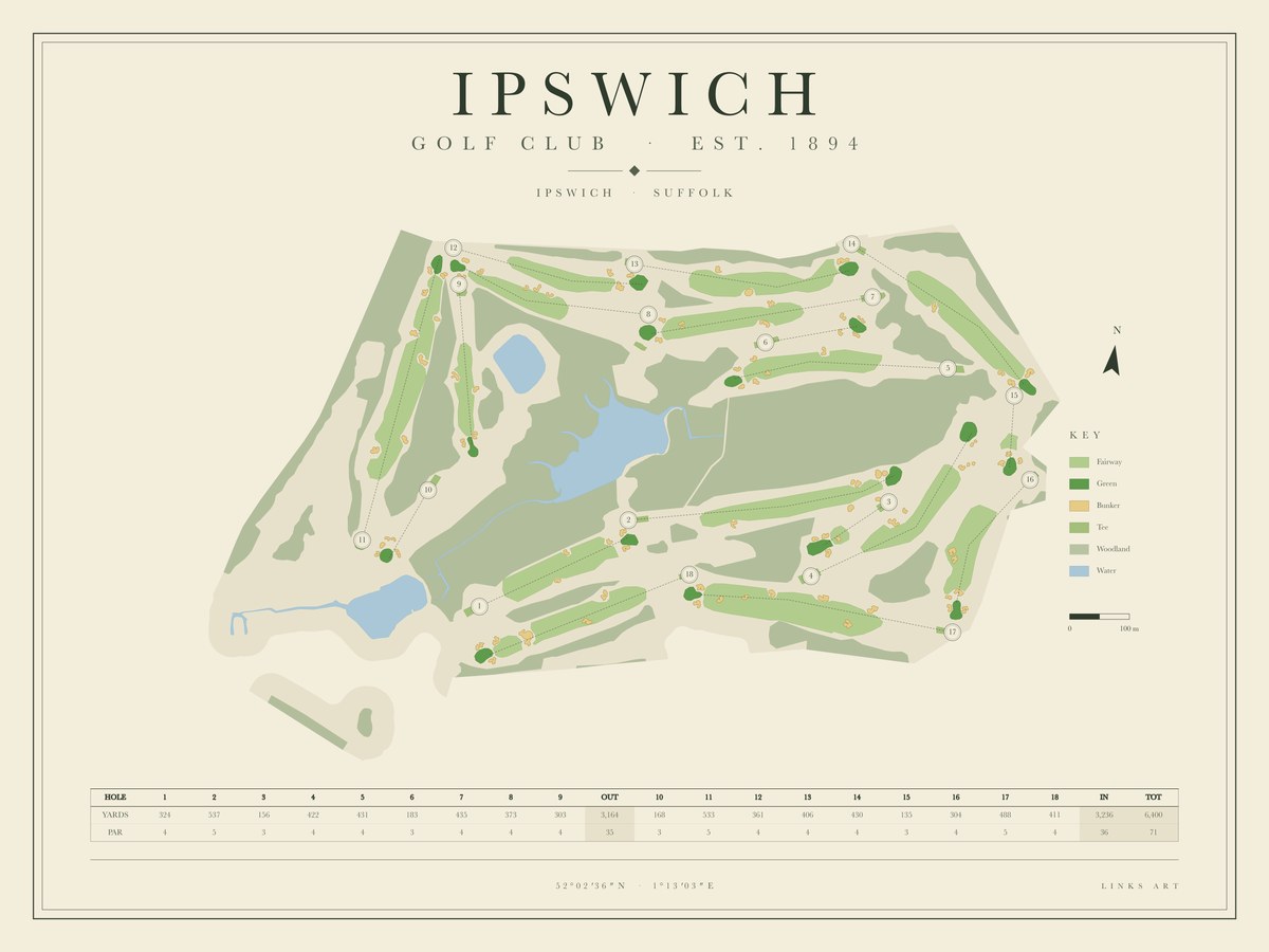 Ipswich golf course map poster, landscape