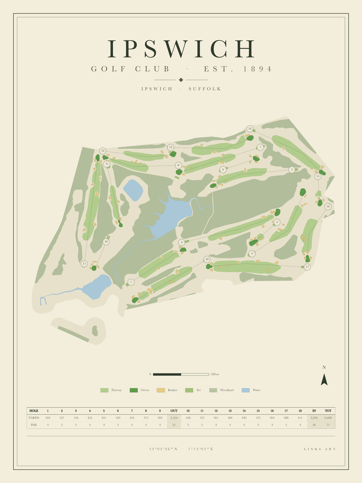 Ipswich golf course map poster, portrait