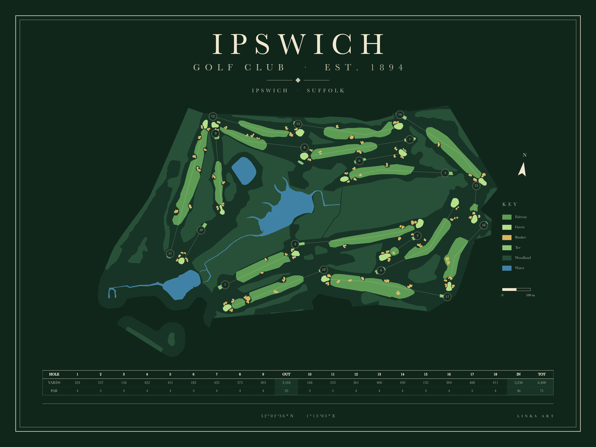 Ipswich golf course map poster, Fescue, landscape