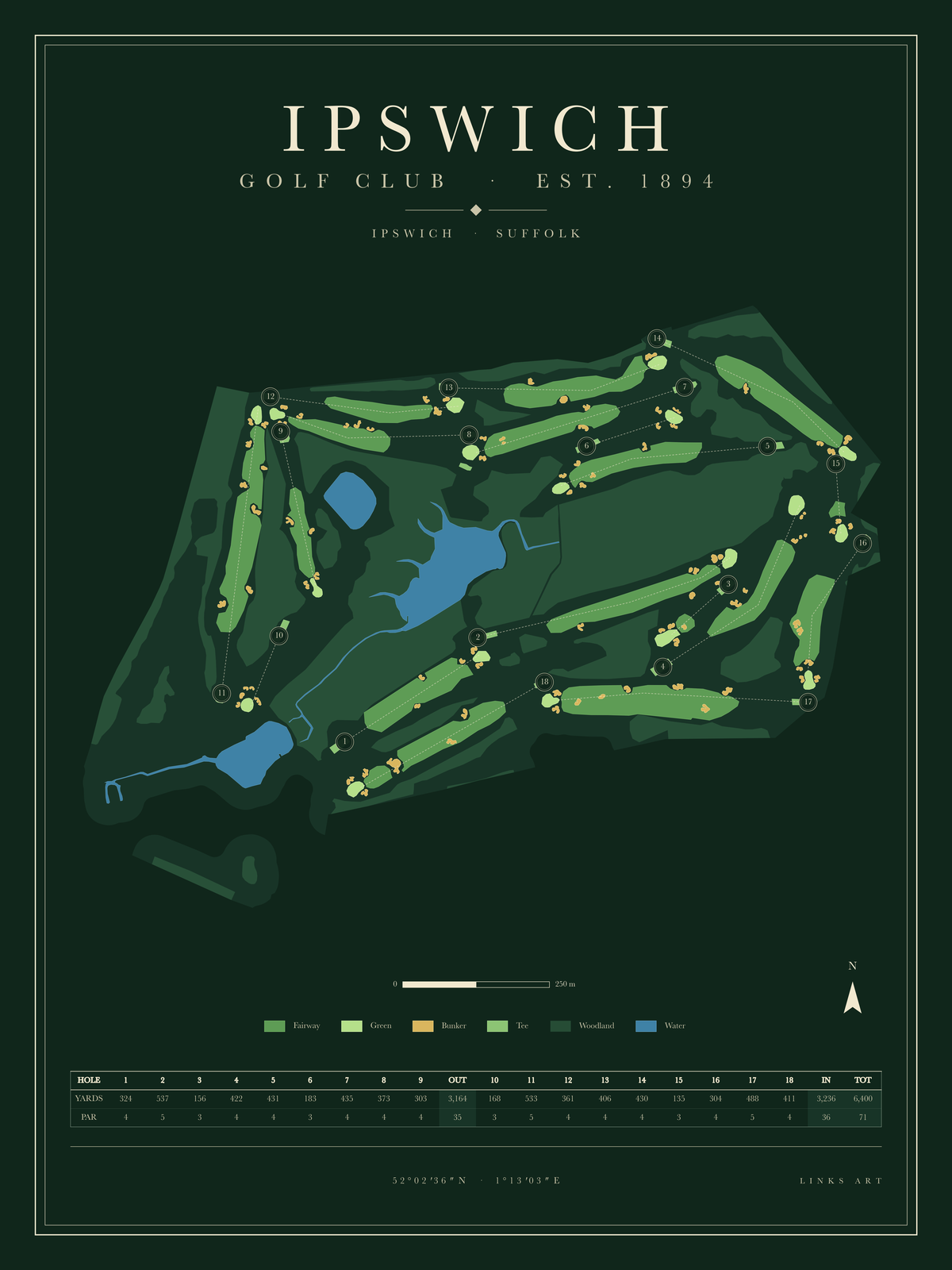 Ipswich golf course map poster, Fescue, portrait