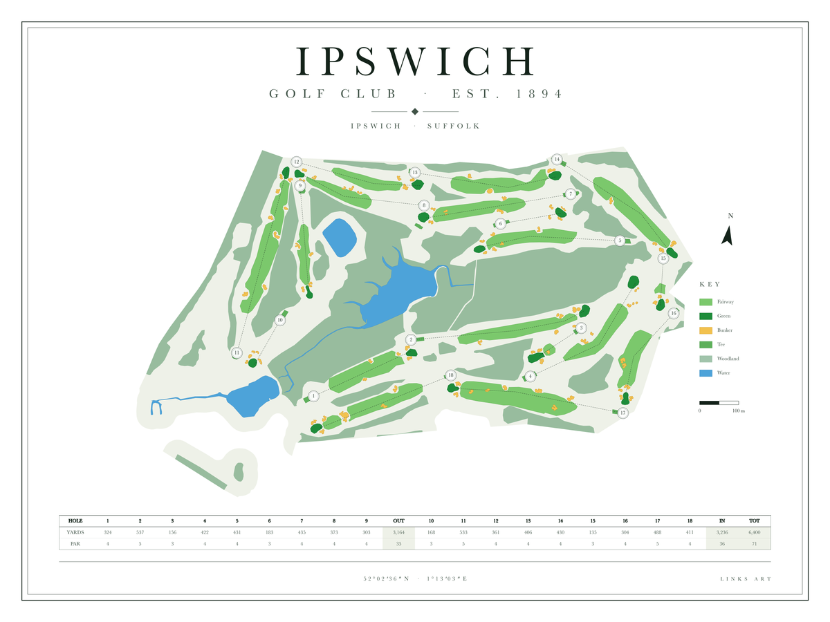 Ipswich golf course map poster, Chalk, landscape