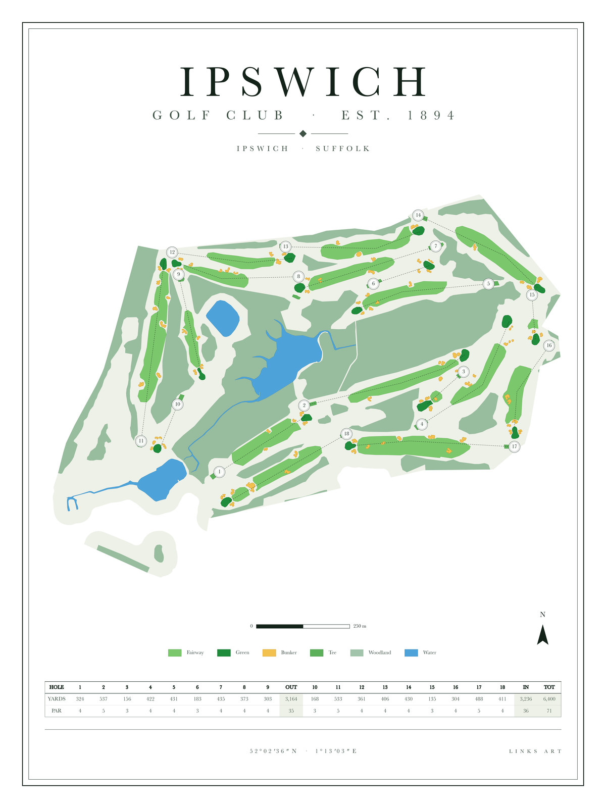 Ipswich golf course map poster, Chalk, portrait