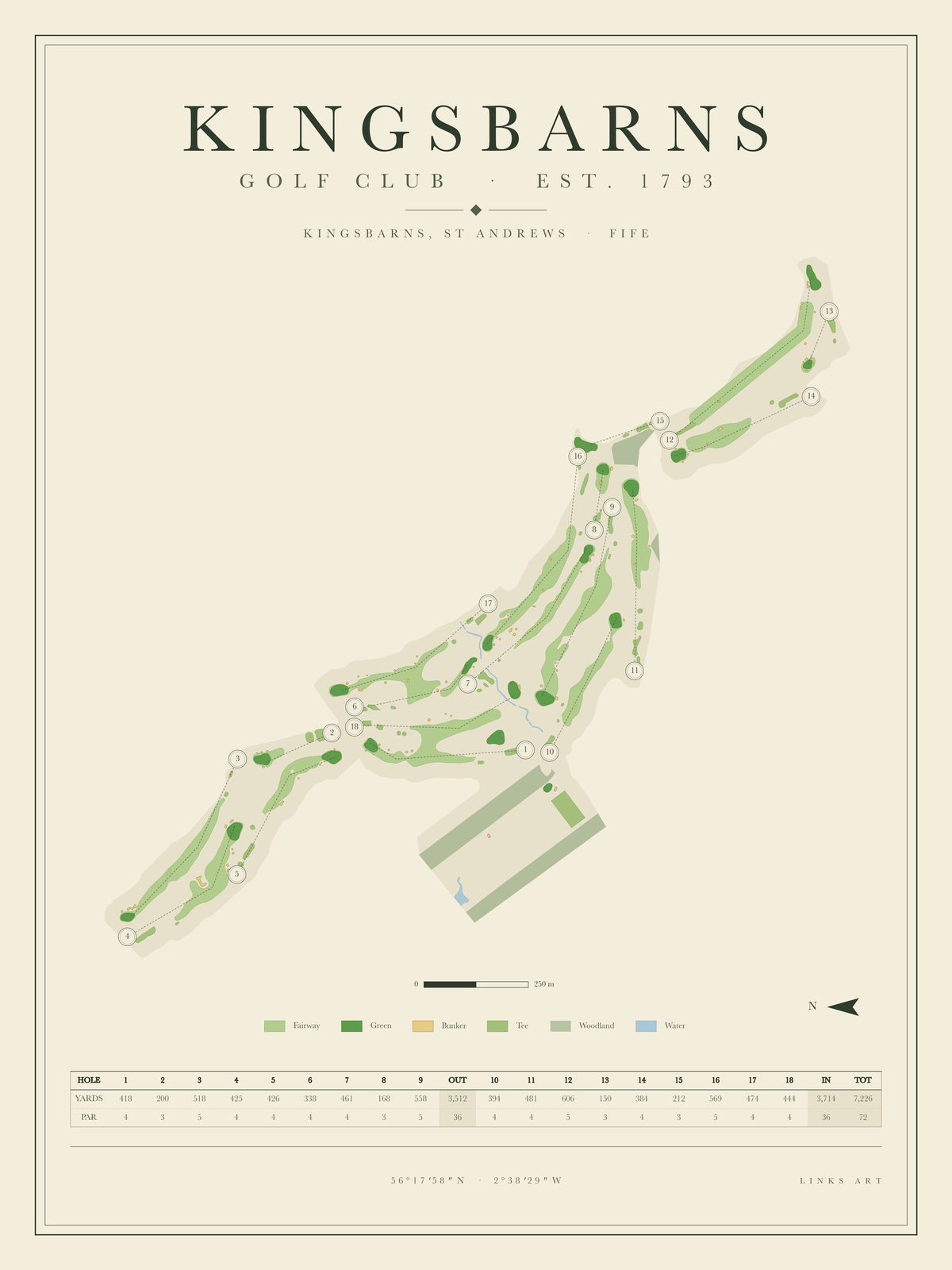 Kingsbarns golf course map poster, portrait