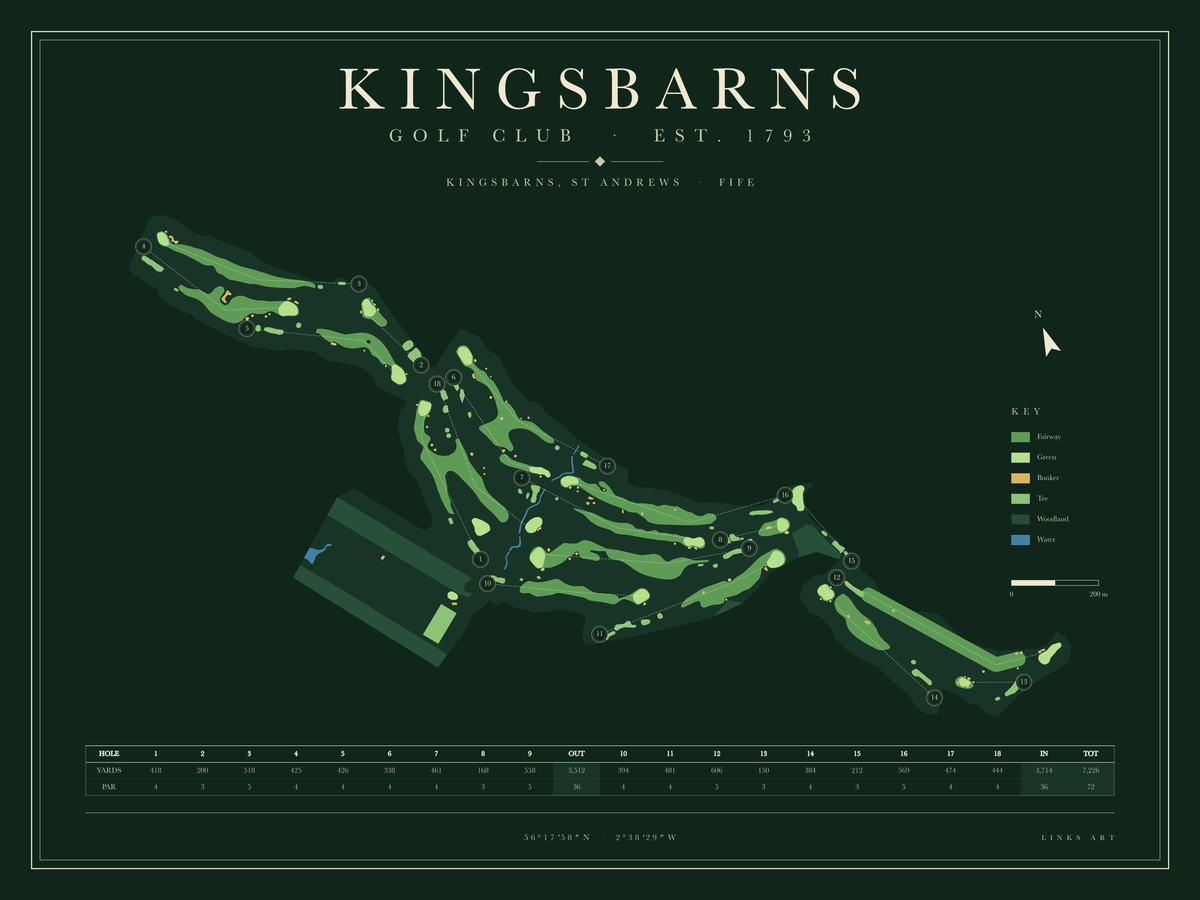 Kingsbarns golf course map poster, Fescue, landscape