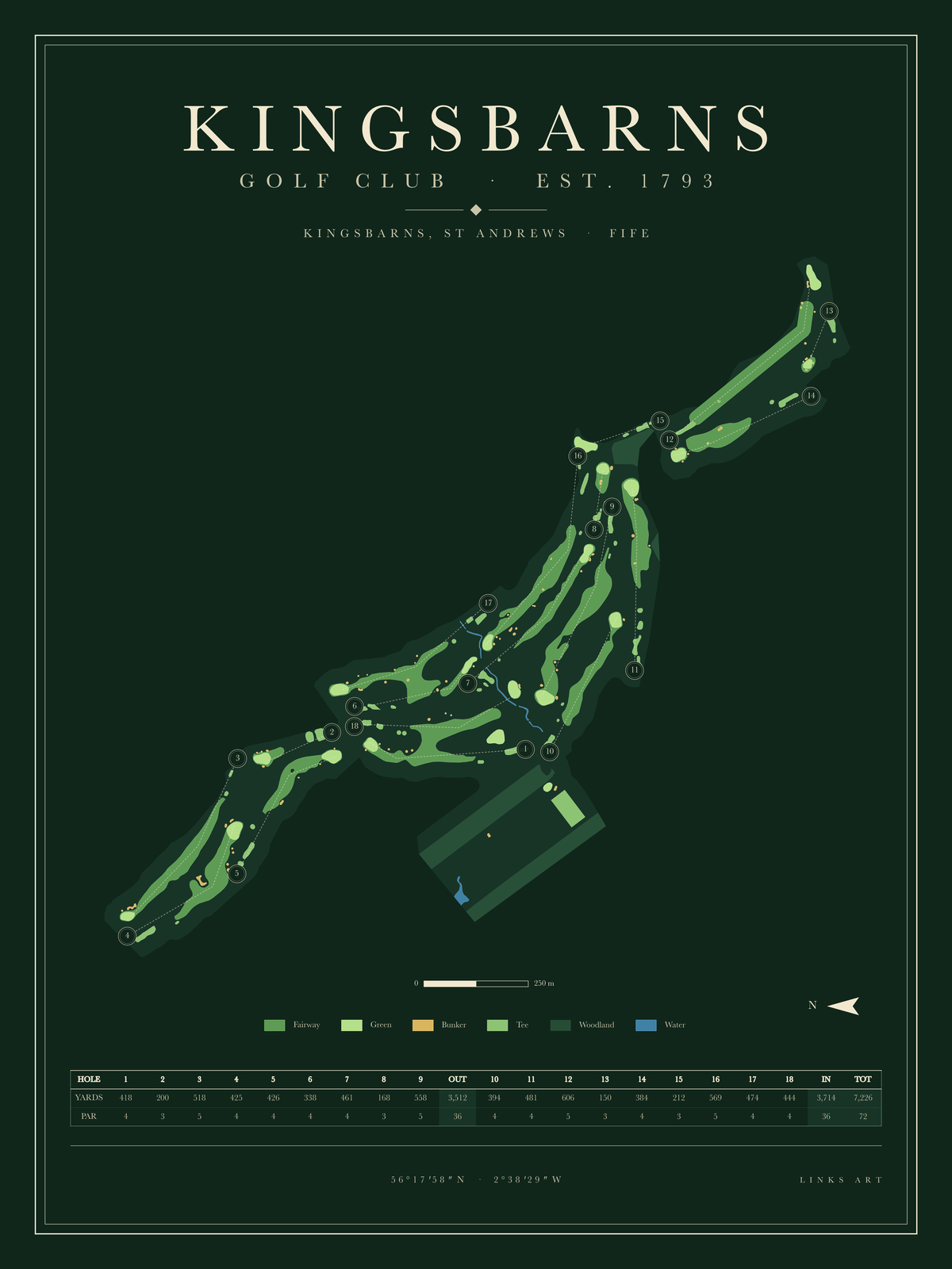 Kingsbarns golf course map poster, Fescue, portrait