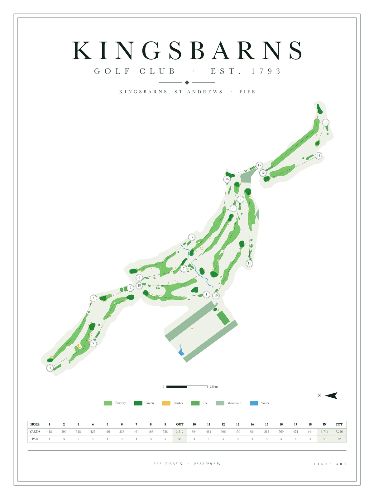 Kingsbarns golf course map poster, Chalk, portrait