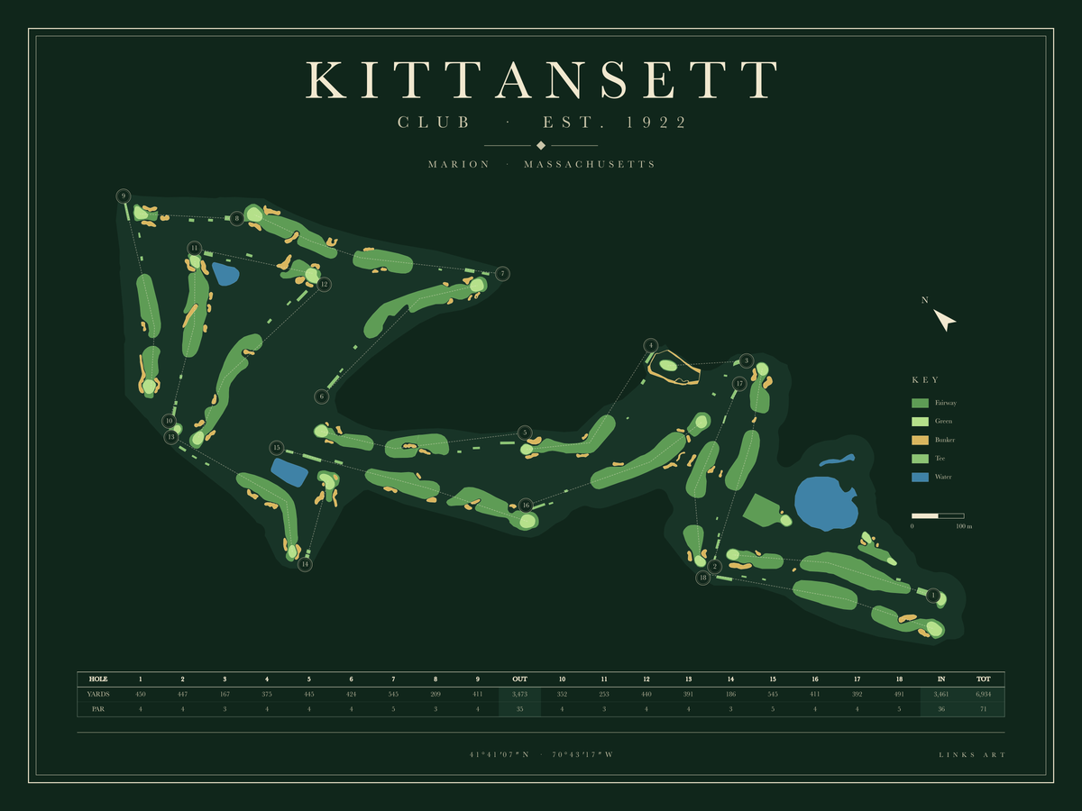 Kittansett golf course map poster, Fescue, landscape