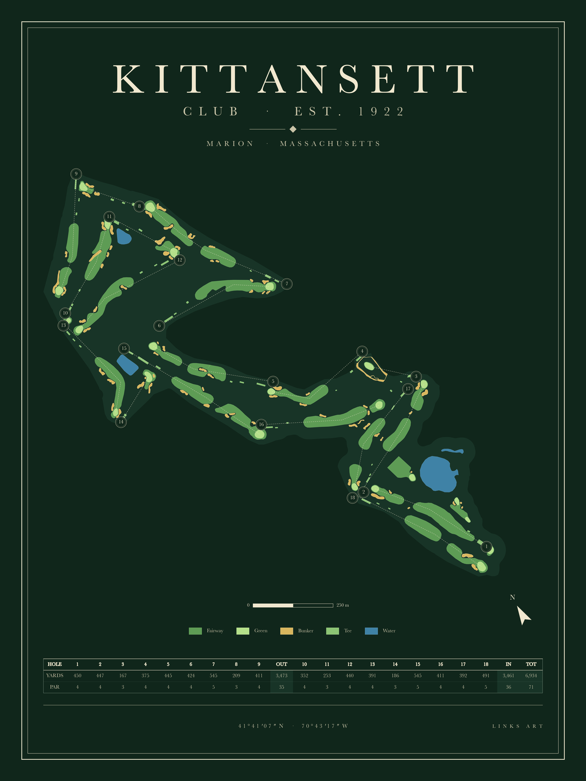 Kittansett golf course map poster, Fescue, portrait