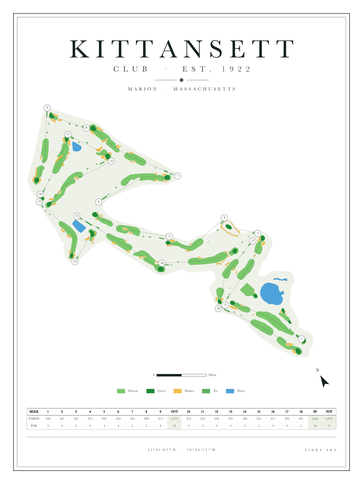 Kittansett golf course map poster, Chalk, portrait