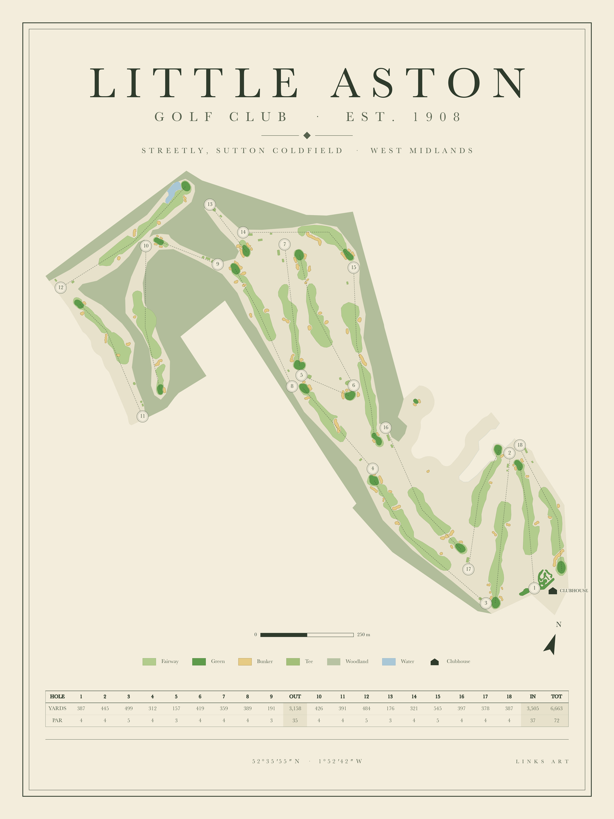 Little Aston golf course map poster, portrait