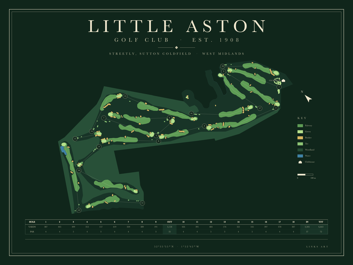 Little Aston golf course map poster, Fescue, landscape