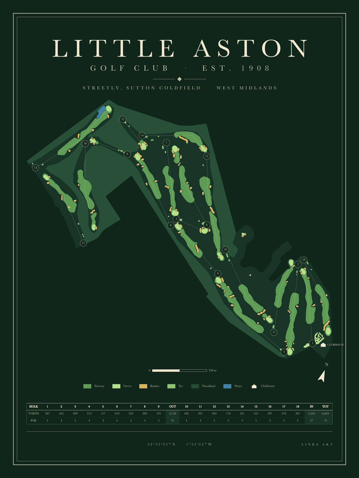 Little Aston golf course map poster, Fescue, portrait