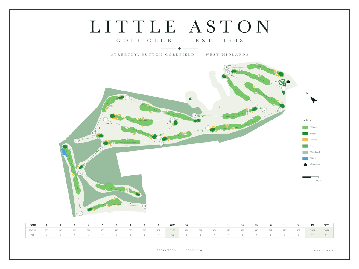 Little Aston golf course map poster, Chalk, landscape