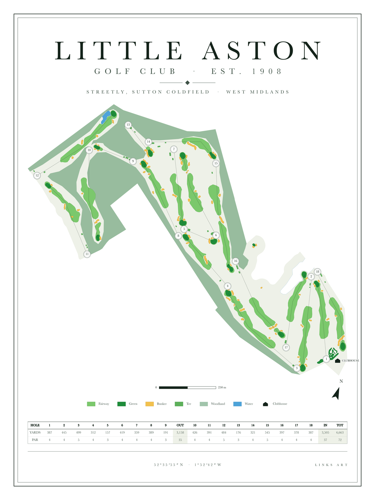 Little Aston golf course map poster, Chalk, portrait