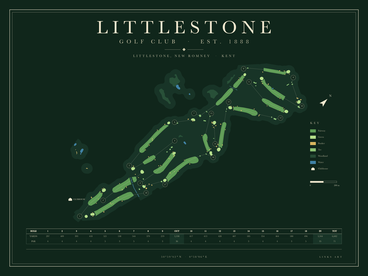 Littlestone golf course map poster, Fescue, landscape