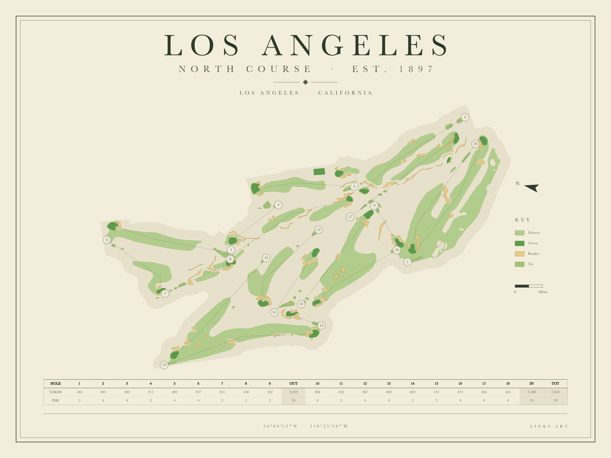 Los Angeles North Course golf course map poster, landscape