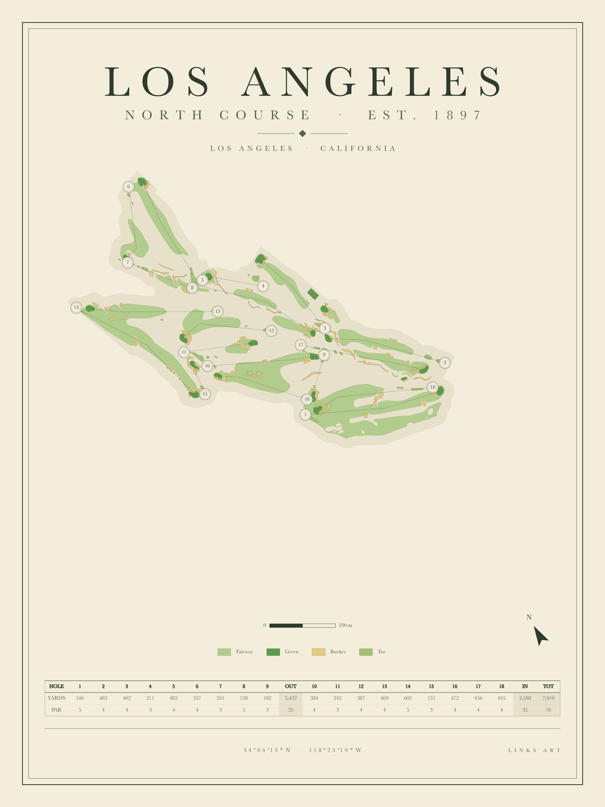 Los Angeles North Course golf course map poster, portrait
