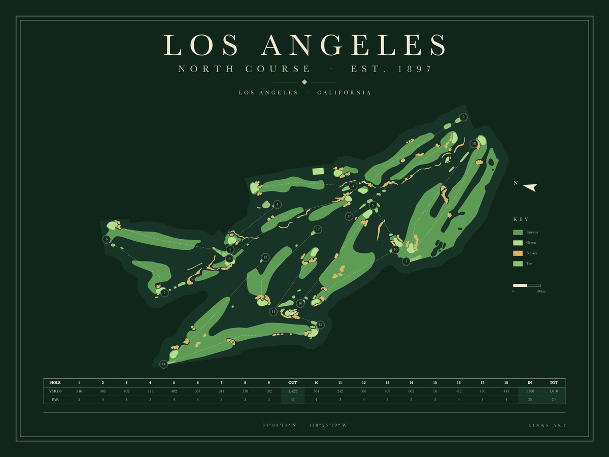 Los Angeles North Course golf course map poster, Fescue, landscape