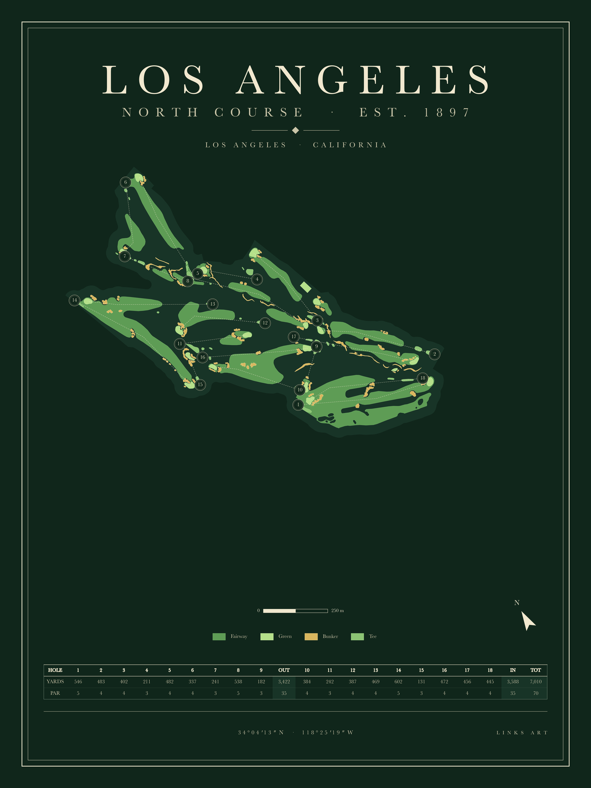 Los Angeles North Course golf course map poster, Fescue, portrait