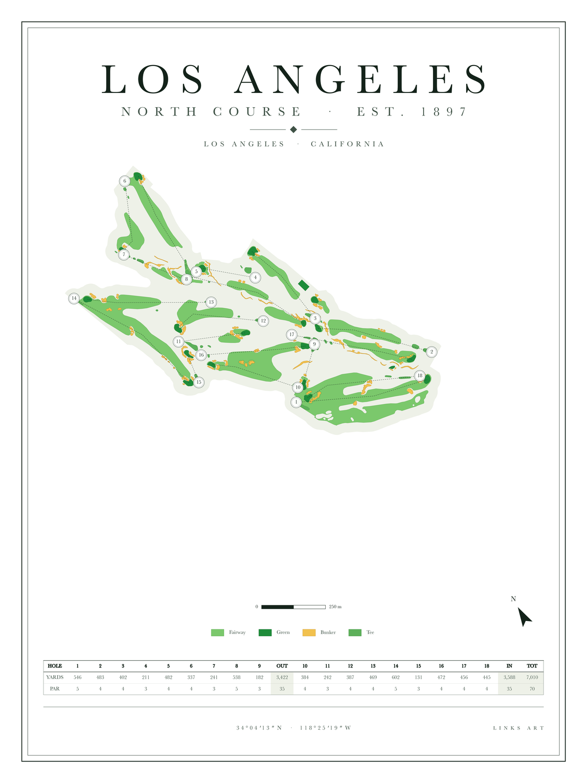 Los Angeles North Course golf course map poster, Chalk, portrait