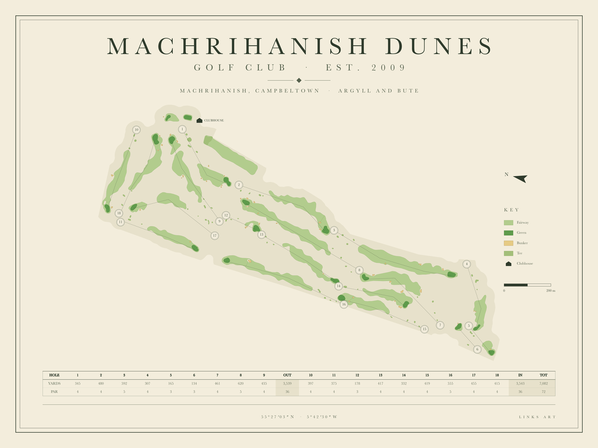 Machrihanish Dunes golf course map poster, landscape