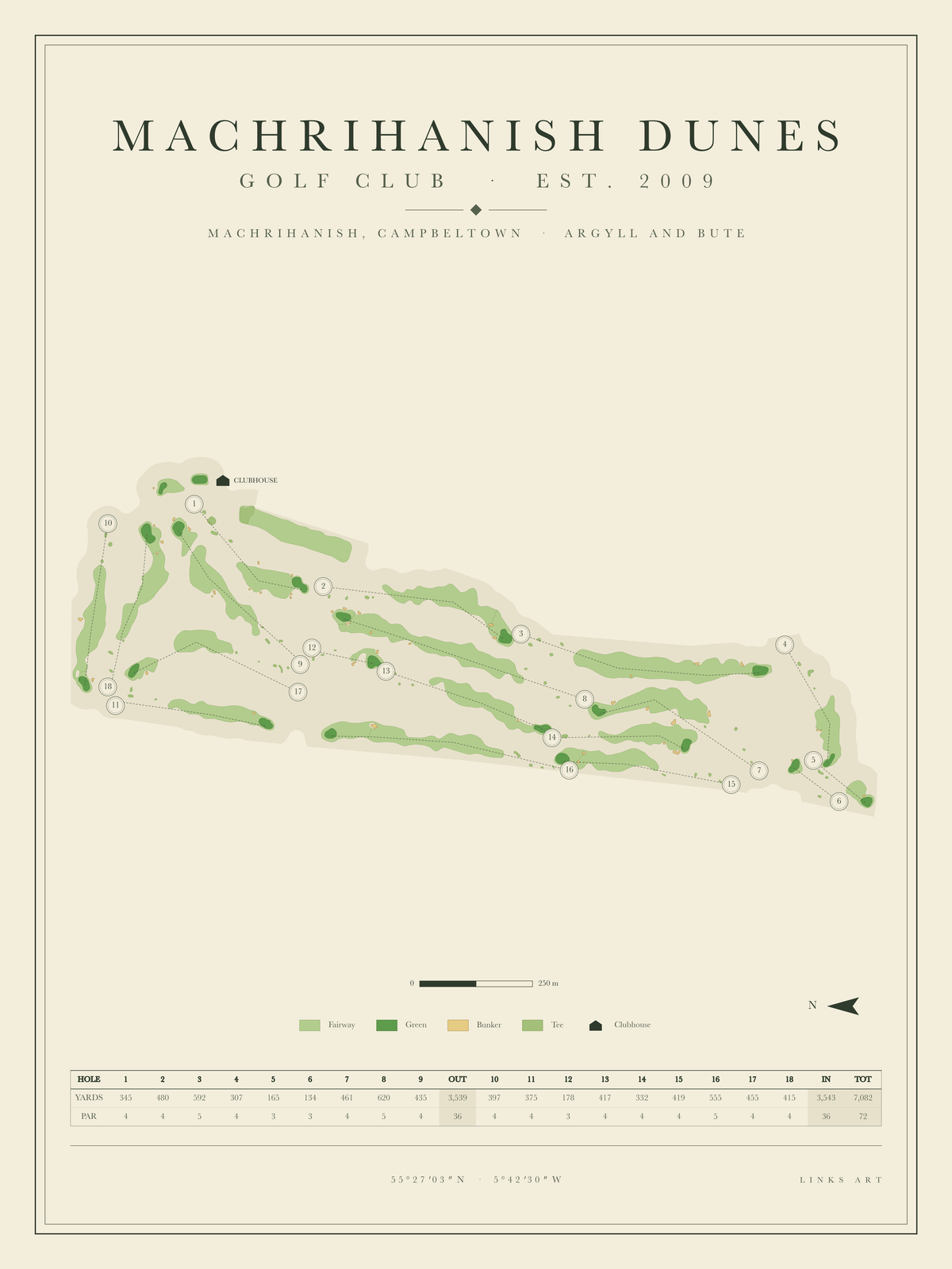 Machrihanish Dunes golf course map poster, portrait