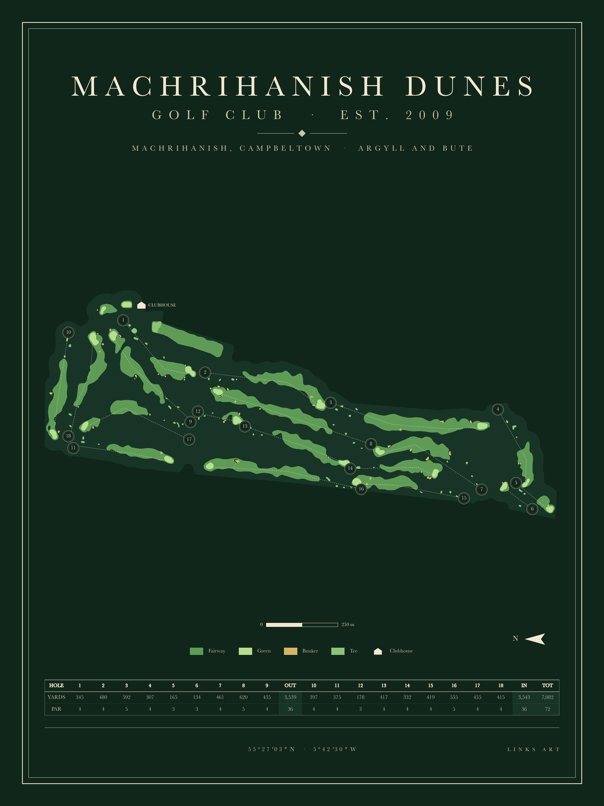 Machrihanish Dunes golf course map poster, Fescue, portrait