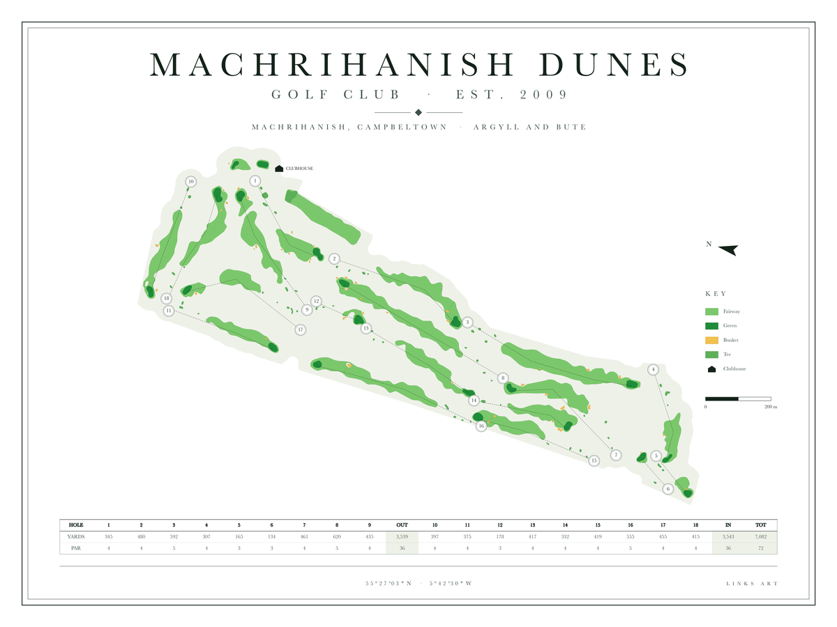 Machrihanish Dunes golf course map poster, Chalk, landscape