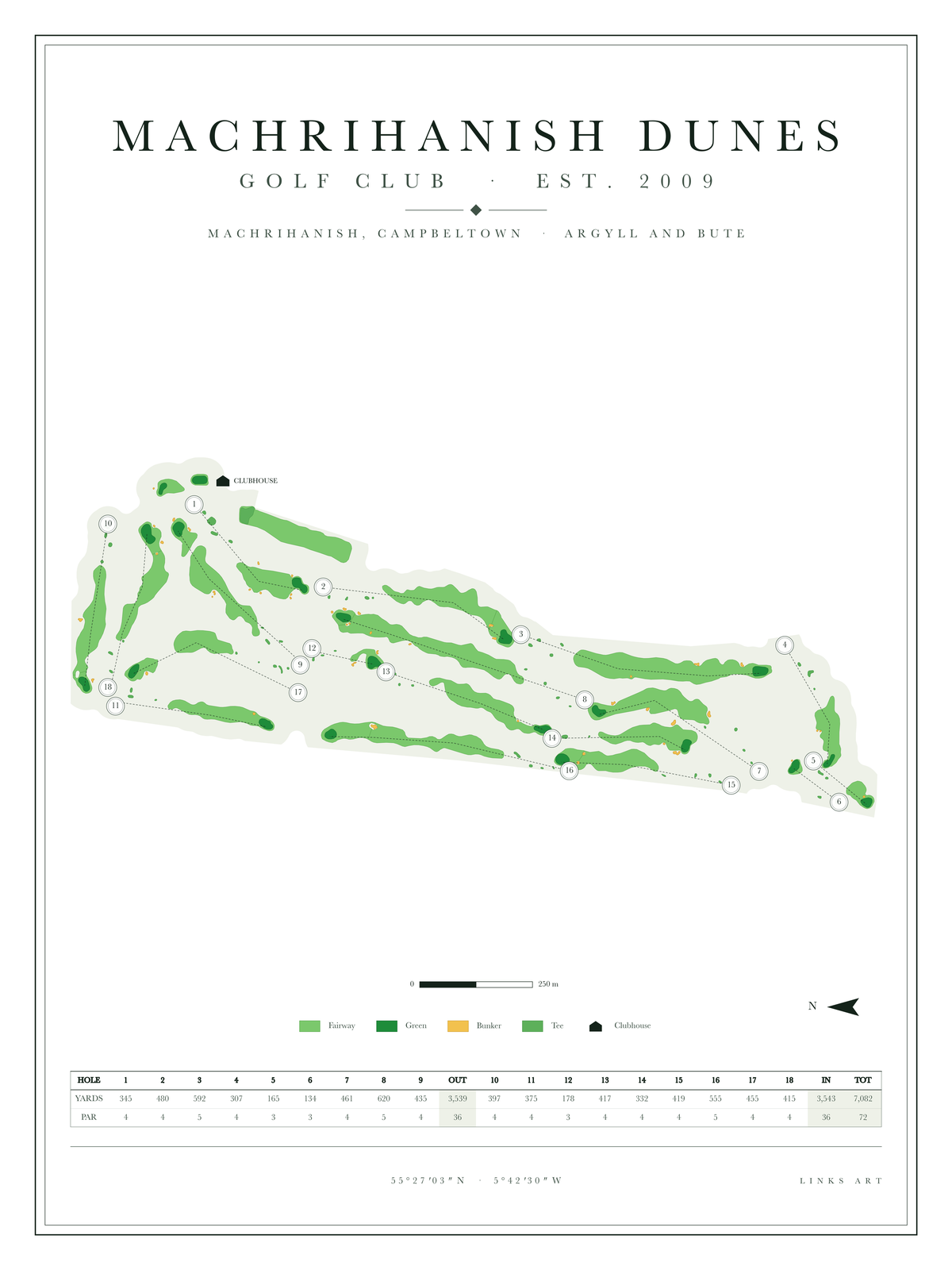 Machrihanish Dunes golf course map poster, Chalk, portrait