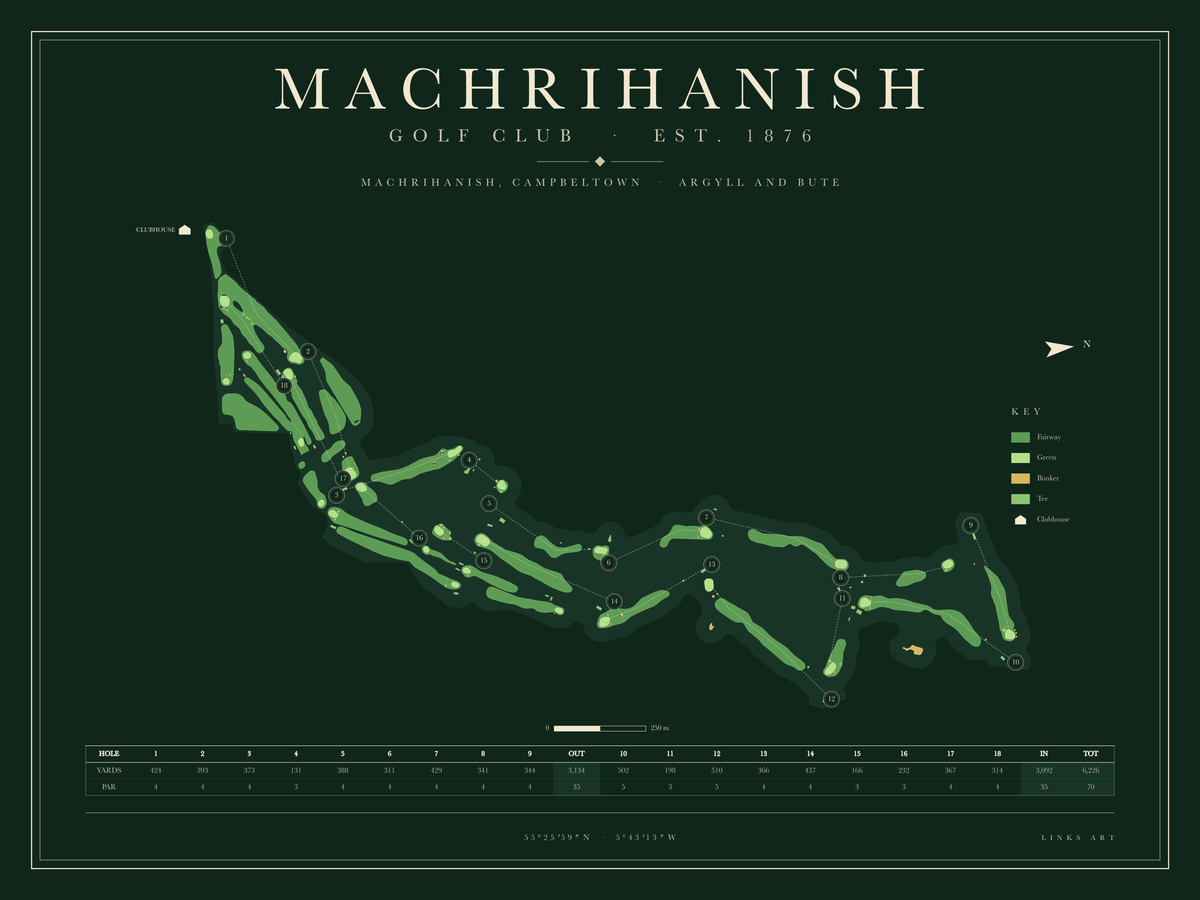 Machrihanish golf course map poster, Fescue, landscape